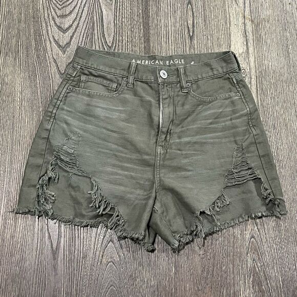 American Eagle Highest Rise Mom Shorts Distressed Raw Hem Denim Green Size 4 - Picture 1 of 8